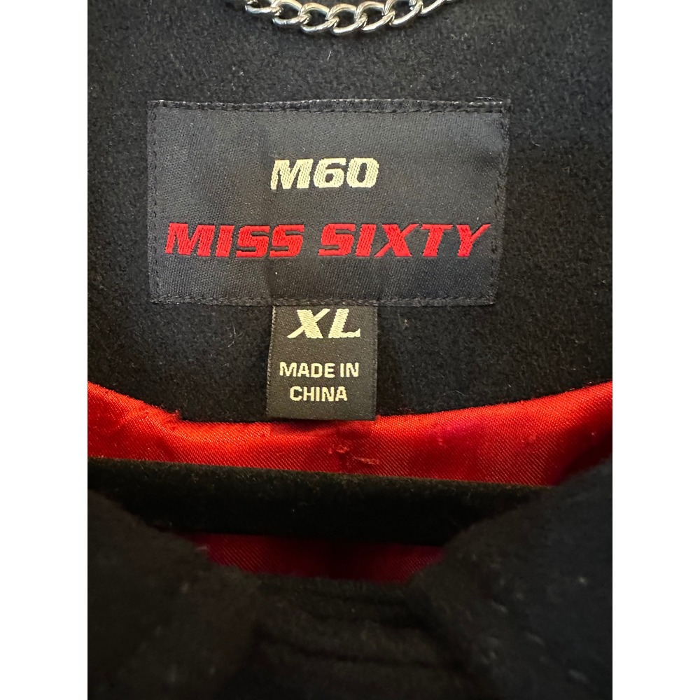 Vintage Miss Sixty M60 Black Wool Blend Peacoat Red Satin Lining Gothic Y2K XL - Picture 2 of 16